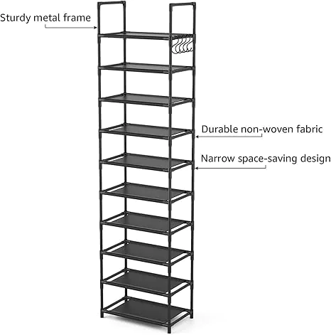 10 Tiers Tall Shoe Rack 20-25 Pairs Boots Organizer Storage Sturdy Narrow Shoe Shelf for Entryway, Closets with Hooks, Black - Image 4