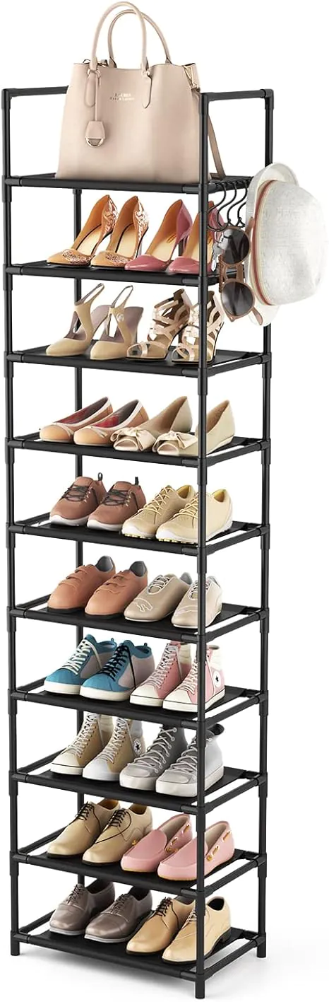 10 Tiers Tall Shoe Rack 20-25 Pairs Boots Organizer Storage Sturdy Narrow Shoe Shelf for Entryway, Closets with Hooks, Black - Image 5