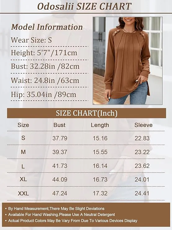 Odosalii Womens Long Sleeve Tops Crewneck Sweatshirts Pleated Front Sweaters Plain Shirts Trendy Side Split Fall Outfits - Image 6